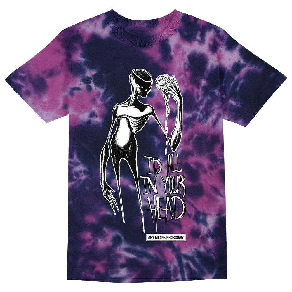 any means necessary shawn coss it's all in your head t shirt purple tie dye