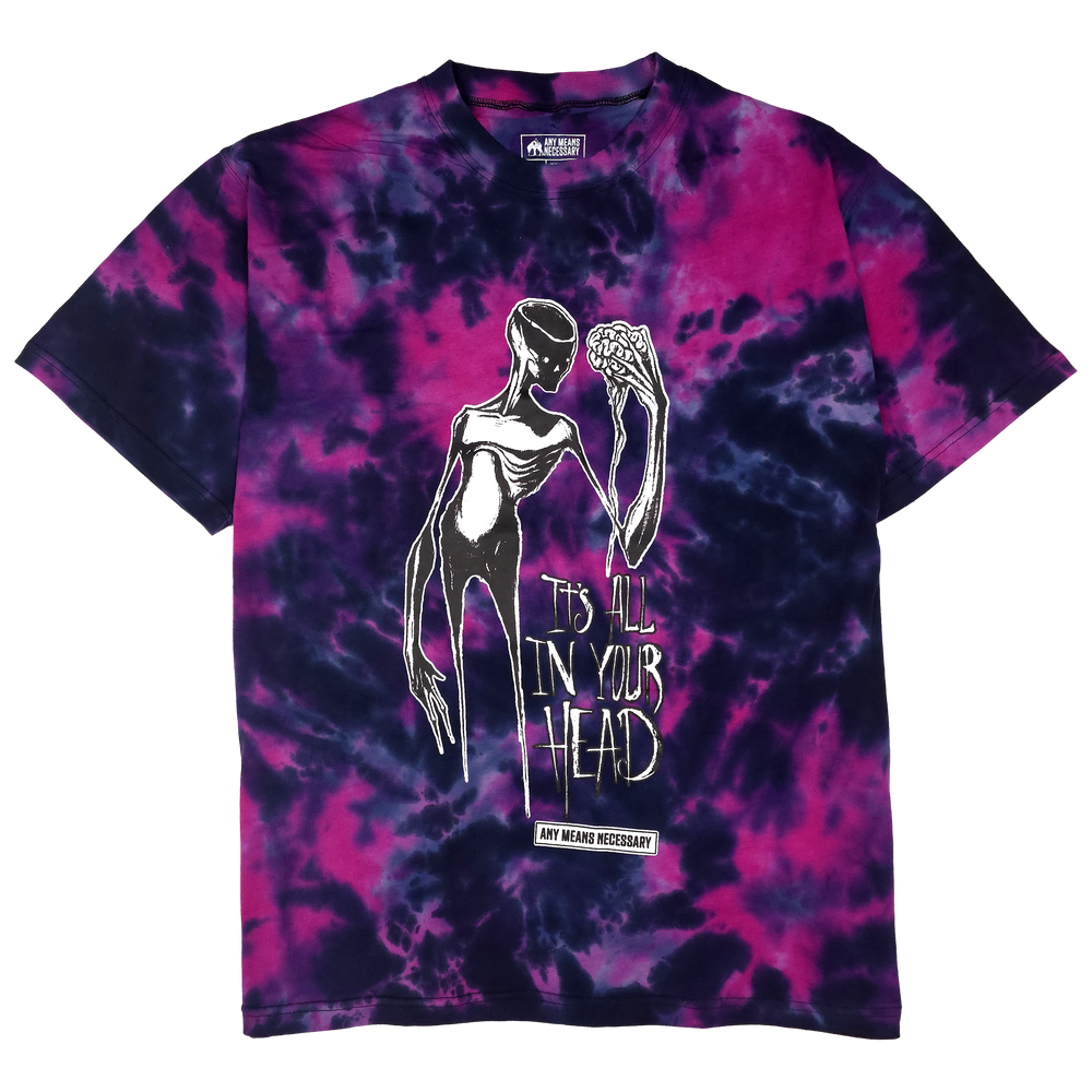 any means necessary shawn coss it's all in your head t shirt purple tie dye