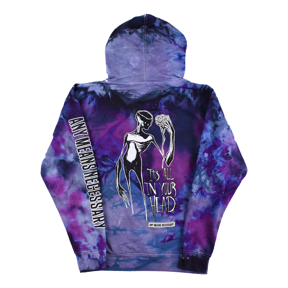 any means necessary shawn coss it's all in your head pullover hoodie purple tie dye