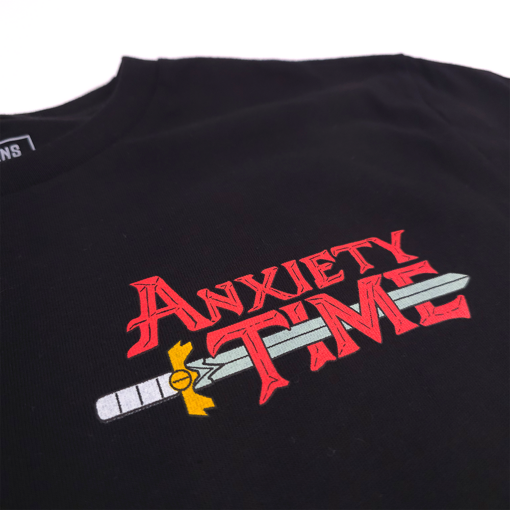 
                  
                    any means necessary shawn coss adventure time anxiety time t shirt black front up close
                  
                