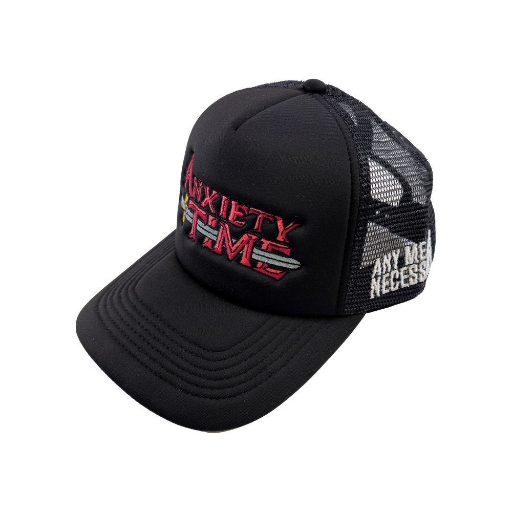 
                      
                        any means necessary shawn coss adventure time anxiety time mesh foam trucker hat black side
                      
                    