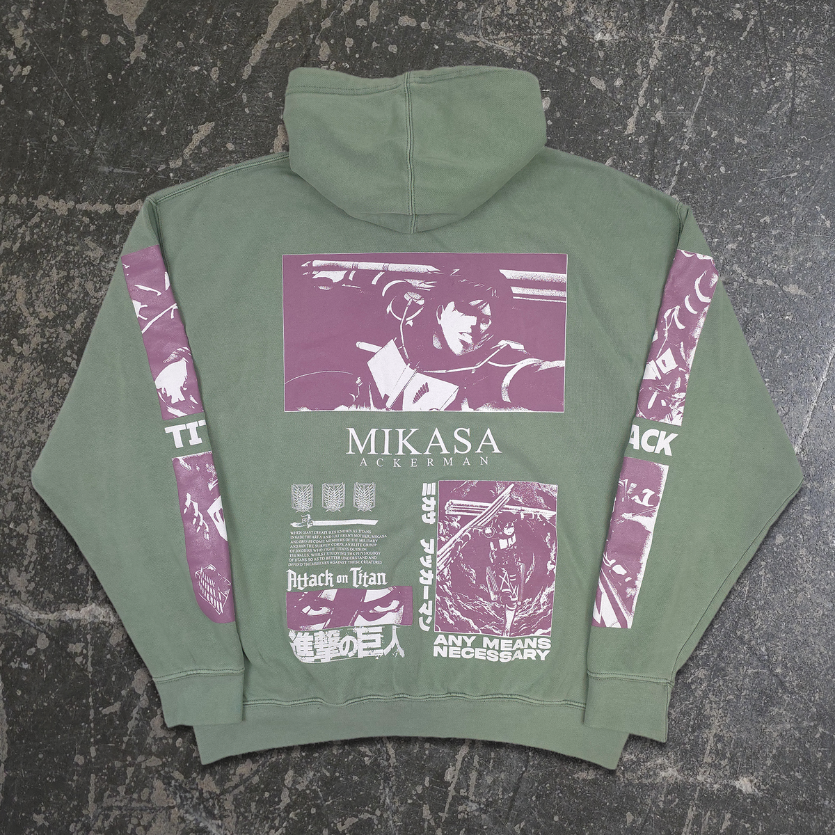 Attack On Titan Mikasa Green Hoodie  Any Means Necessary Anime and Manga design with sleeve prints.ith white and purple print
