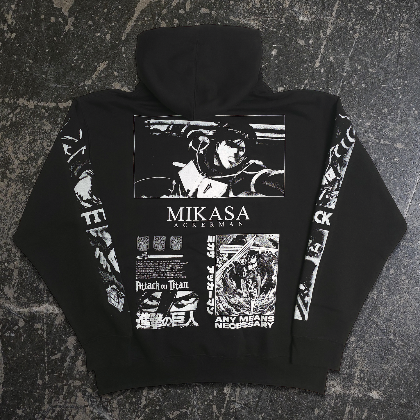 Officially Licensed Attack on Titan x Any Means Necessary Mikasa Ackerman black pullover hoodie with white ink print sleeves