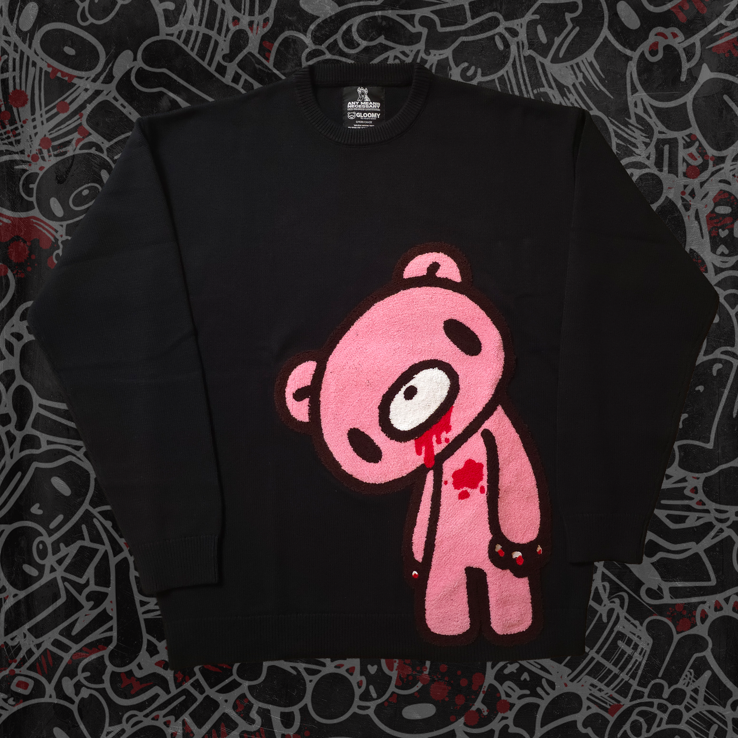 Gloomy bear oversized chenille patch on waffle sweater, any means necessary officially licensed