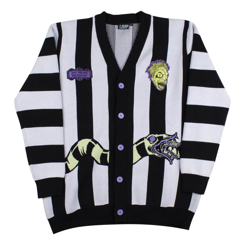 
                      
                        any means necessary shawn coss beetlejuice sand snake cardigan knit sweater front
                      
                    