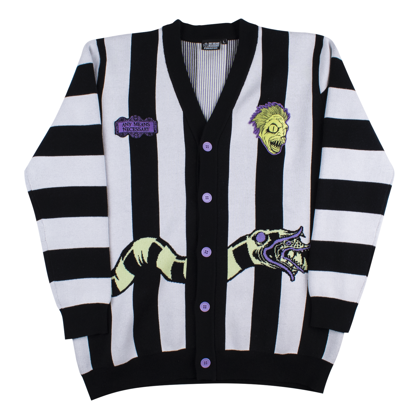 any means necessary shawn coss beetlejuice sand snake cardigan knit sweater front
