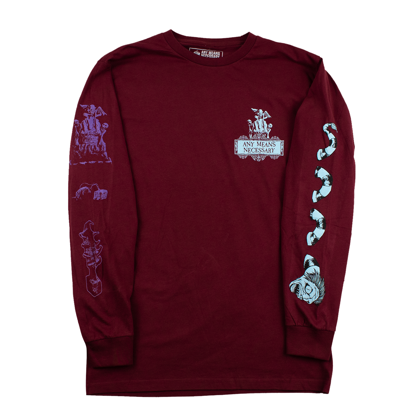 any means necessary shawn coss beetlejuice long sleeve t shirt burgundy front