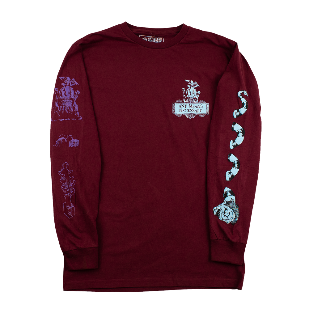 
                      
                        any means necessary shawn coss beetlejuice long sleeve t shirt maroon burgundy front
                      
                    