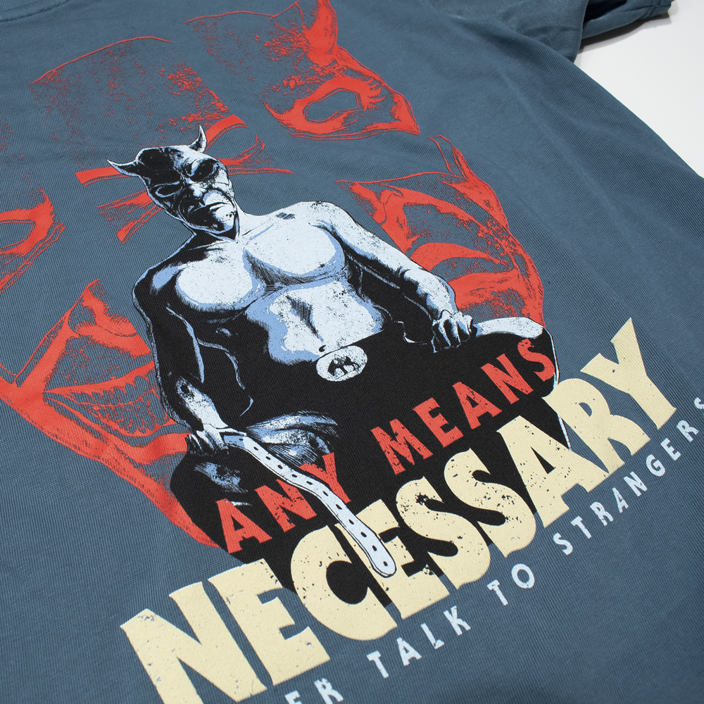
                  
                    any means necessary shawn coss blackphone t shirt pebble blue back close up
                  
                
