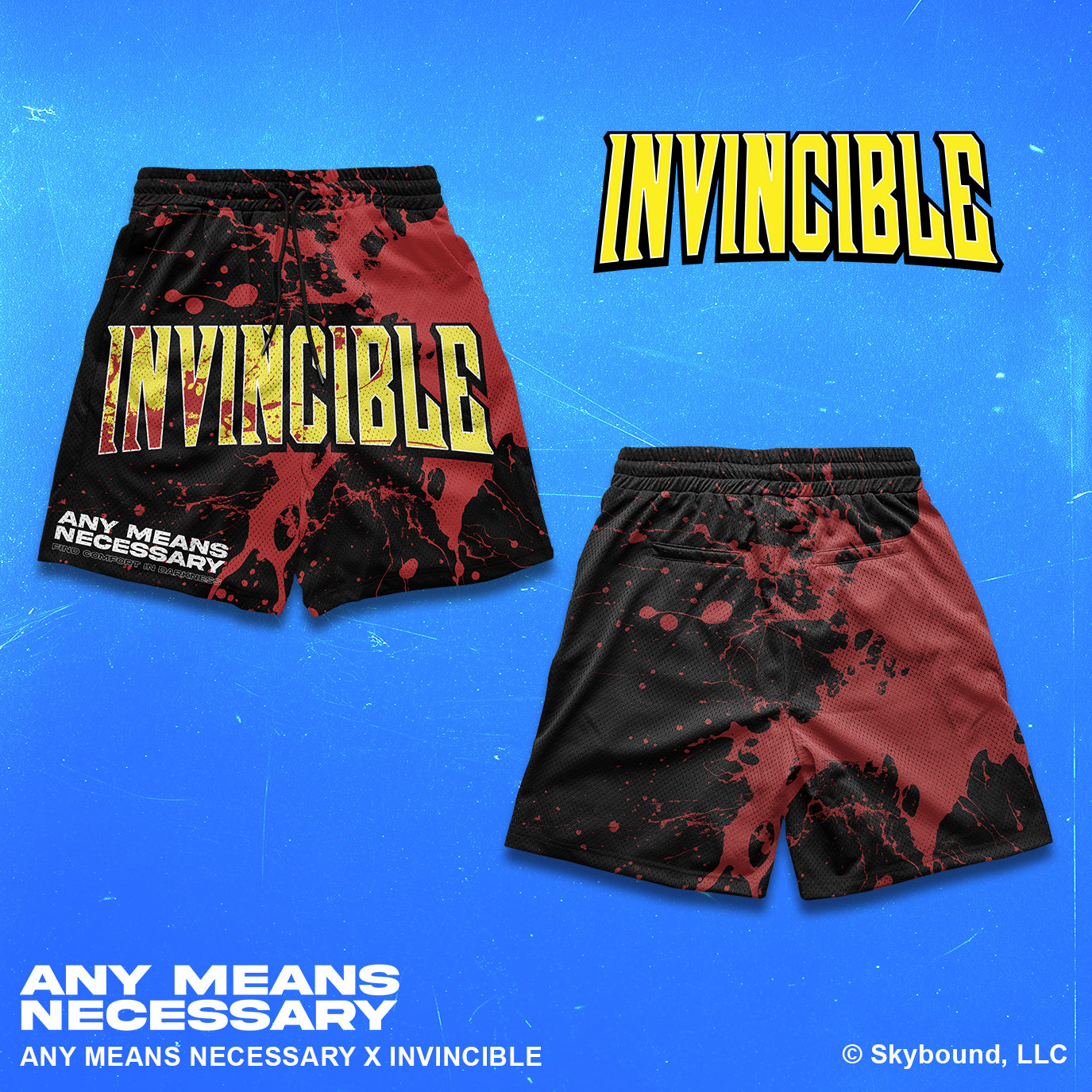 Red and black shorts with 'Invincible' text on a textured gray background