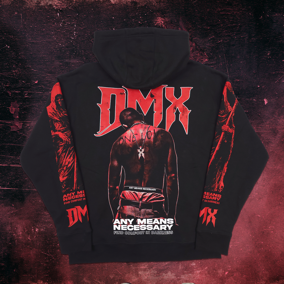 Black hoodie shown from the back with a large red and white DMX graphic featuring a shirtless figure and the text 'ANY MEANS NECESSARY', set against a dark textured background. dmx blood of my blood