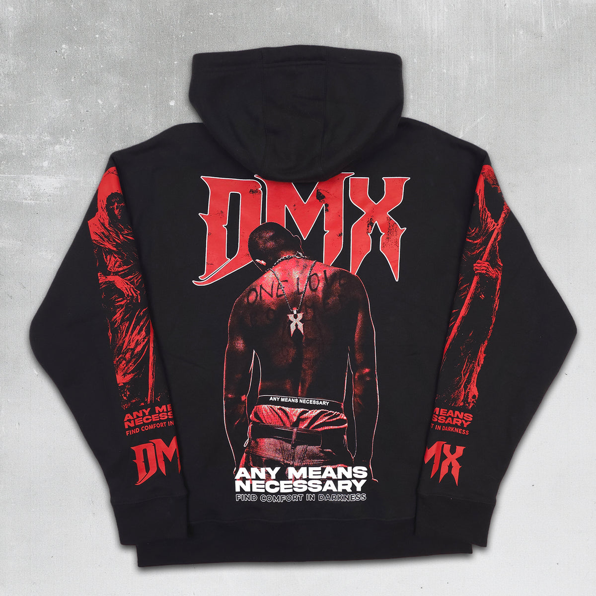Black pullover hoodie shown from the back with a large red and black graphic print featuring the text 'DMX' and 'ANY MEANS NECESSARY' on a textured gray background.