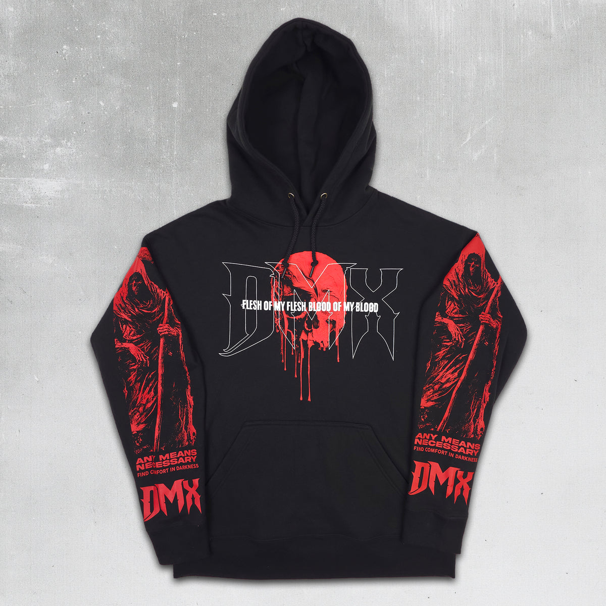 A black pullover hoodie with a gothic graphic design featuring a red blood-splattered sun, white gothic lettering, and red hooded figures printed on both sleeves. The text on the chest reads 'Flesh of my flesh, bones of my blood.