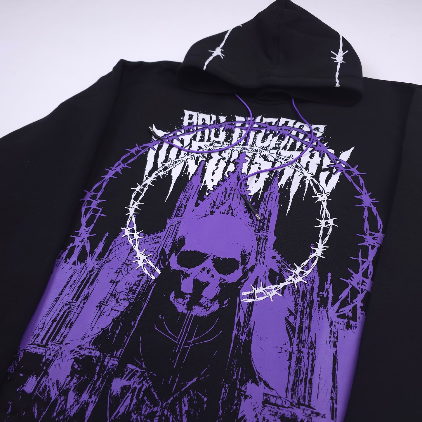 any means necessary shawn coss cathedral pullover hoodie black and purple close up