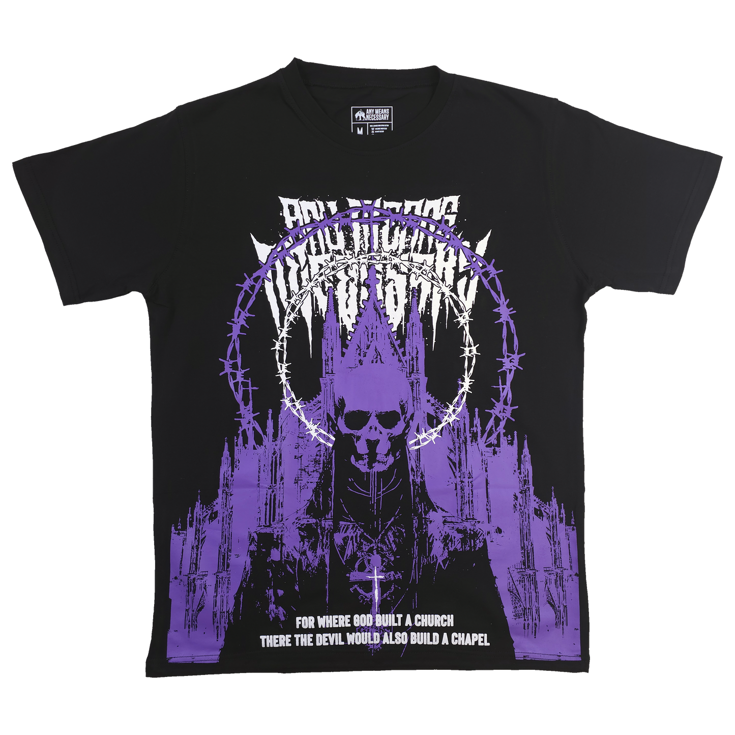 any means necessary shawn coss cathedral t shirt black and purple