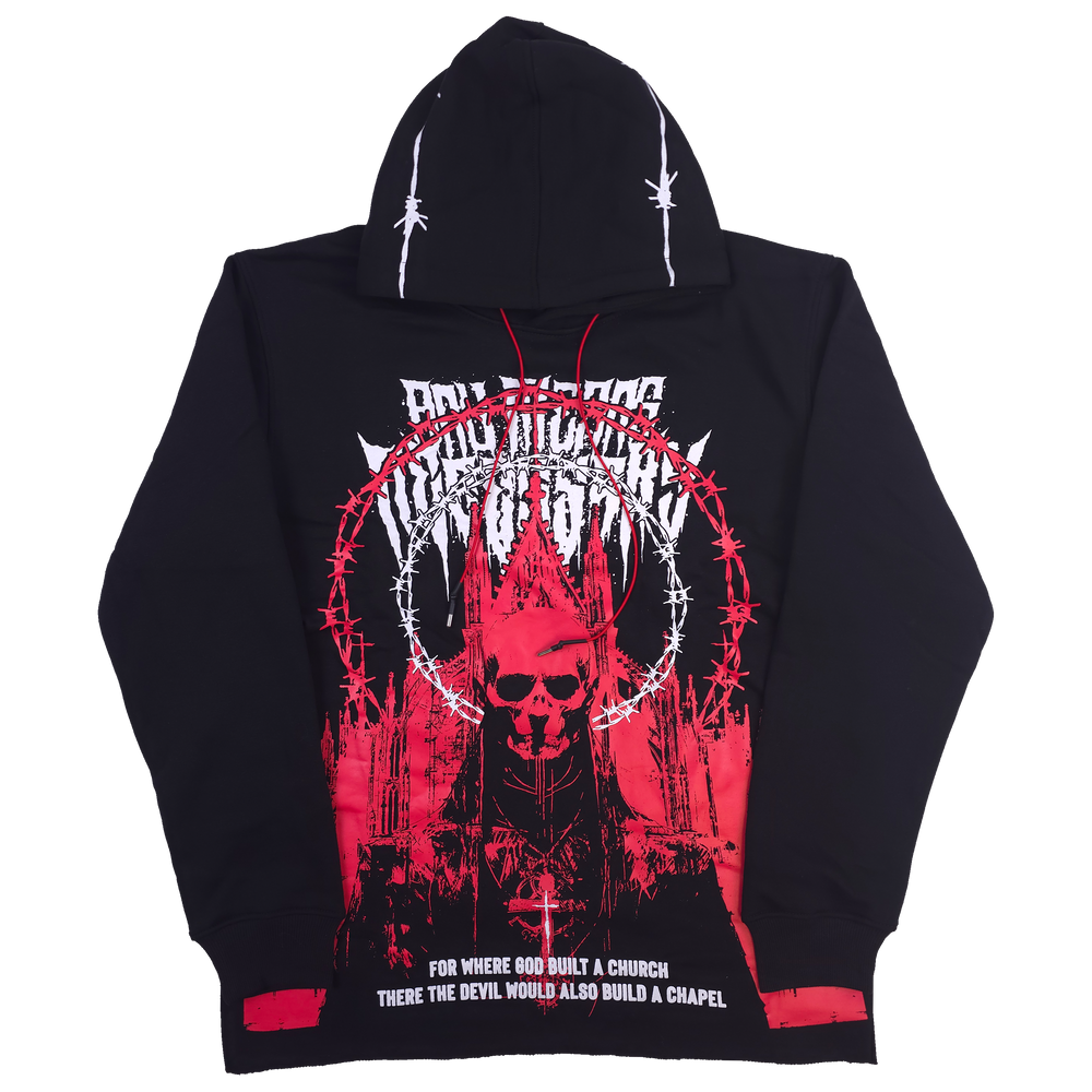 any means necessary shawn coss cathedral pullover hoodie black and red