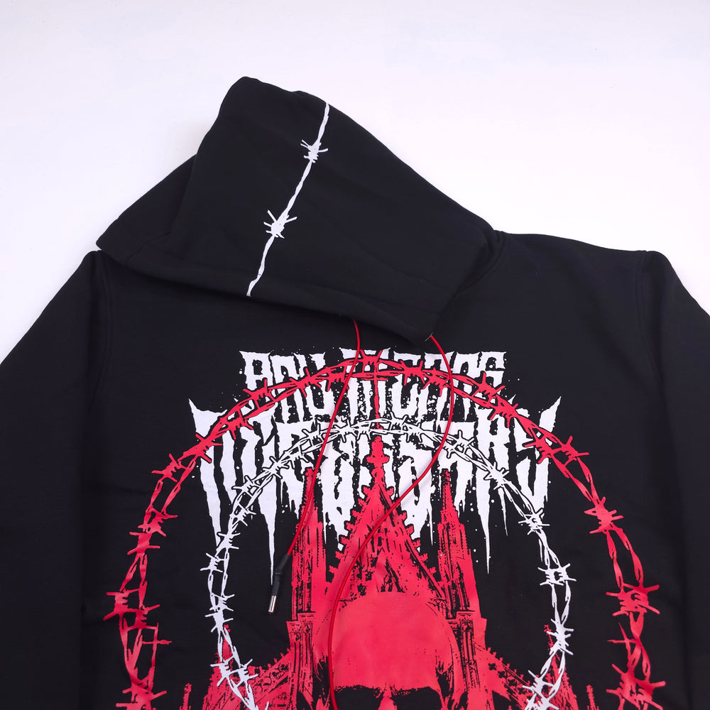 
                  
                    any means necessary shawn coss cathedral pullover hoodie black and red close up hood
                  
                