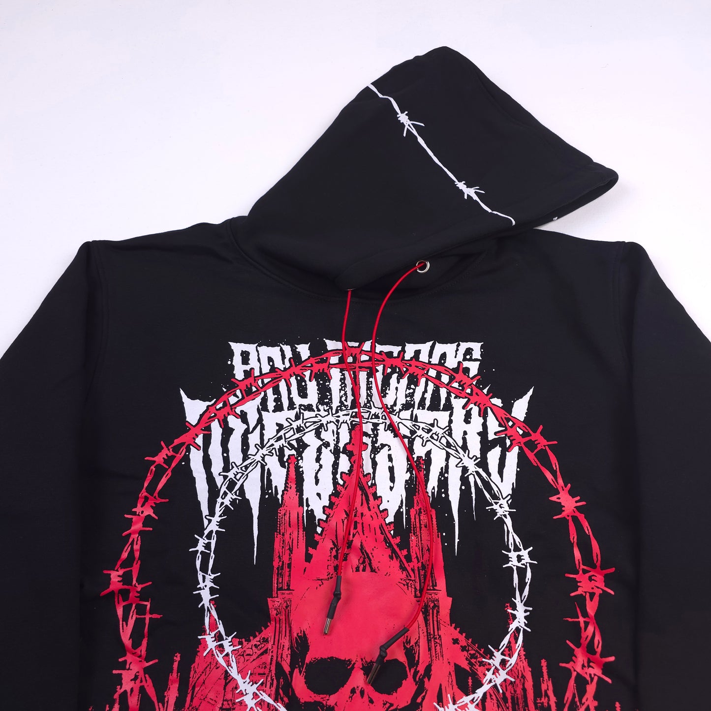 
                  
                    any means necessary shawn coss cathedral pullover hoodie black and red close up hood
                  
                