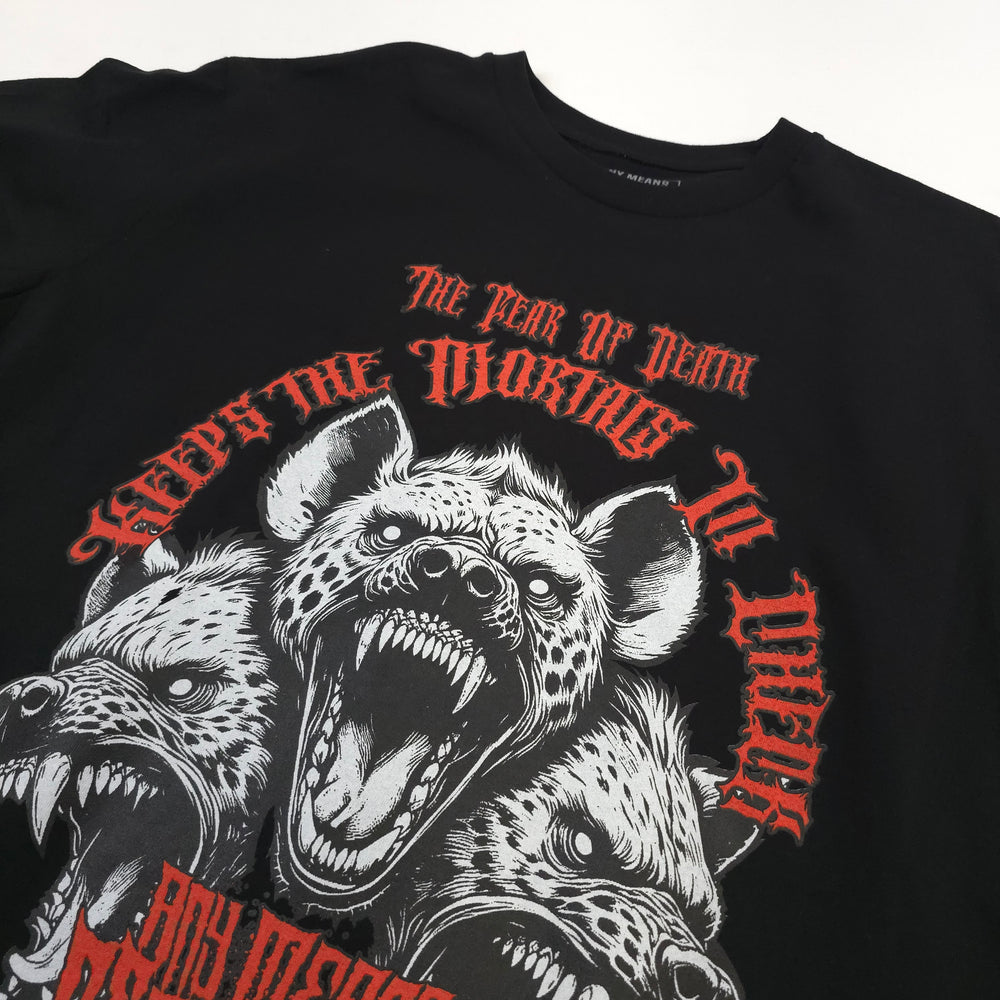 
                      
                        any means necessary shawn coss hyena pro t shirt black front up close
                      
                    