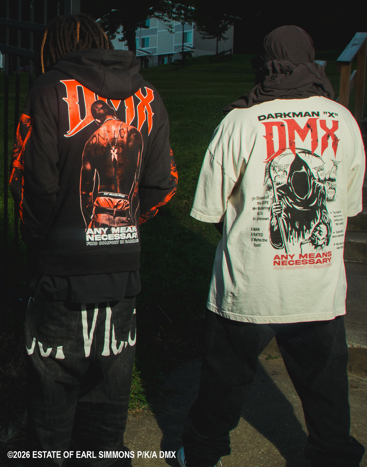 An oversized off-white t-shirt displayed flat against a dark, textured gray background, showing the back graphic print with 'DMX' in red and a grim reaper illustration.