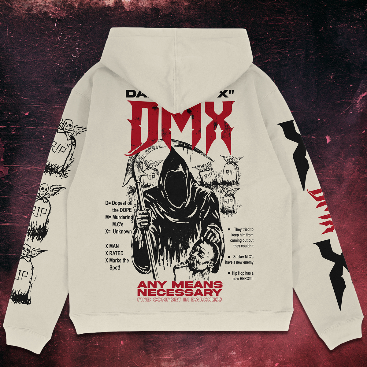 An off-white hoodie shown flat on a dark textured background, displaying its back design. The design features a large black and red graphic of a hooded figure holding a scythe, with the text 'DMX' in red, 'ANY MEANS NECESSARY' in red, and various black text and graphic prints on the sleeves.