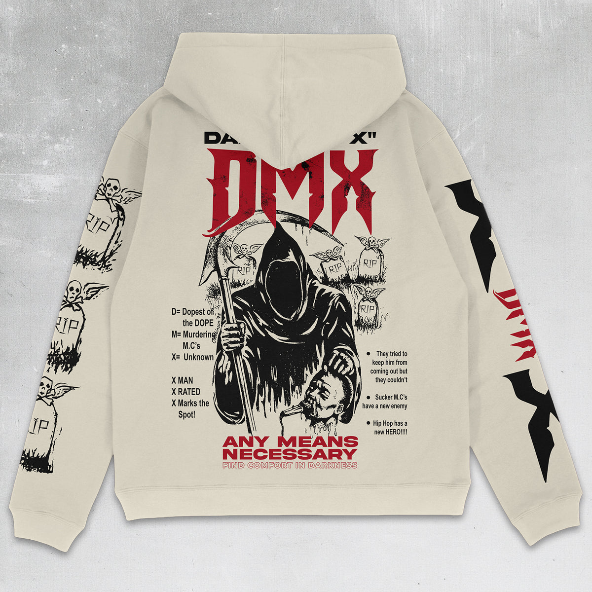 The back of a cream-colored hoodie featuring a large graphic print of a grim reaper with a scythe, surrounded by tombstones and the text 'DMX' in red and black, with additional text and graphics printed on both sleeves.