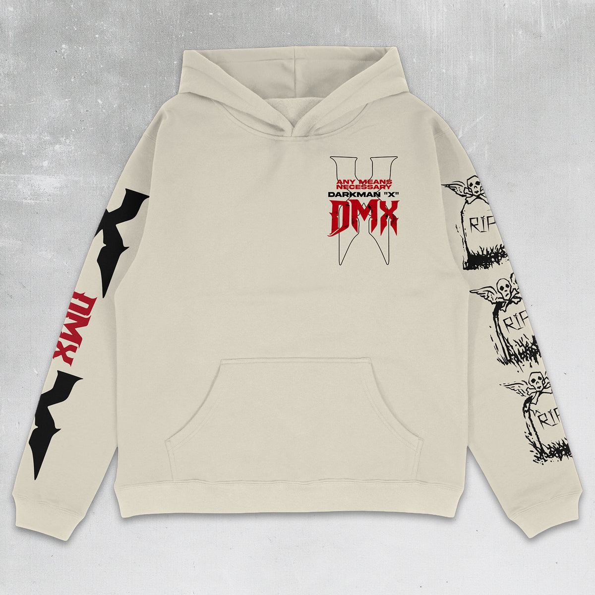 An off-white hooded sweatshirt with graphic prints on both sleeves and the chest. The chest features 'DMX' in red and white, and the left sleeve has a red vertical 'DMX' print, while the right sleeve features black tombstone graphics with 'RIP' text.