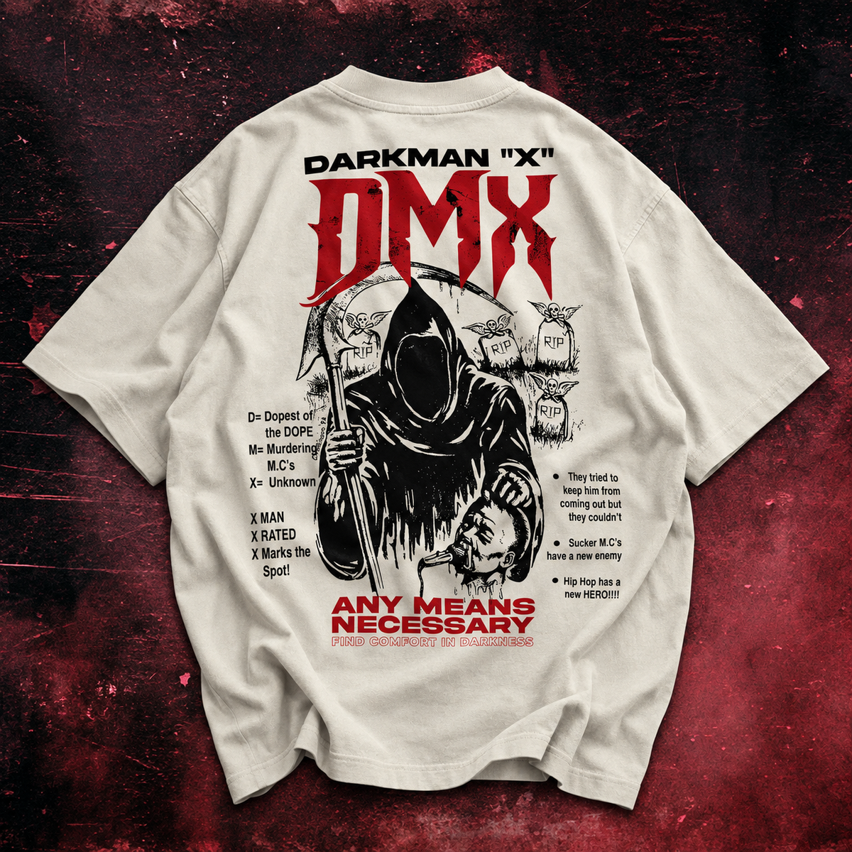 An oversized off-white t-shirt displayed flat against a dark, textured gray background, showing the back graphic print with 'DMX' in red and a grim reaper illustration.
