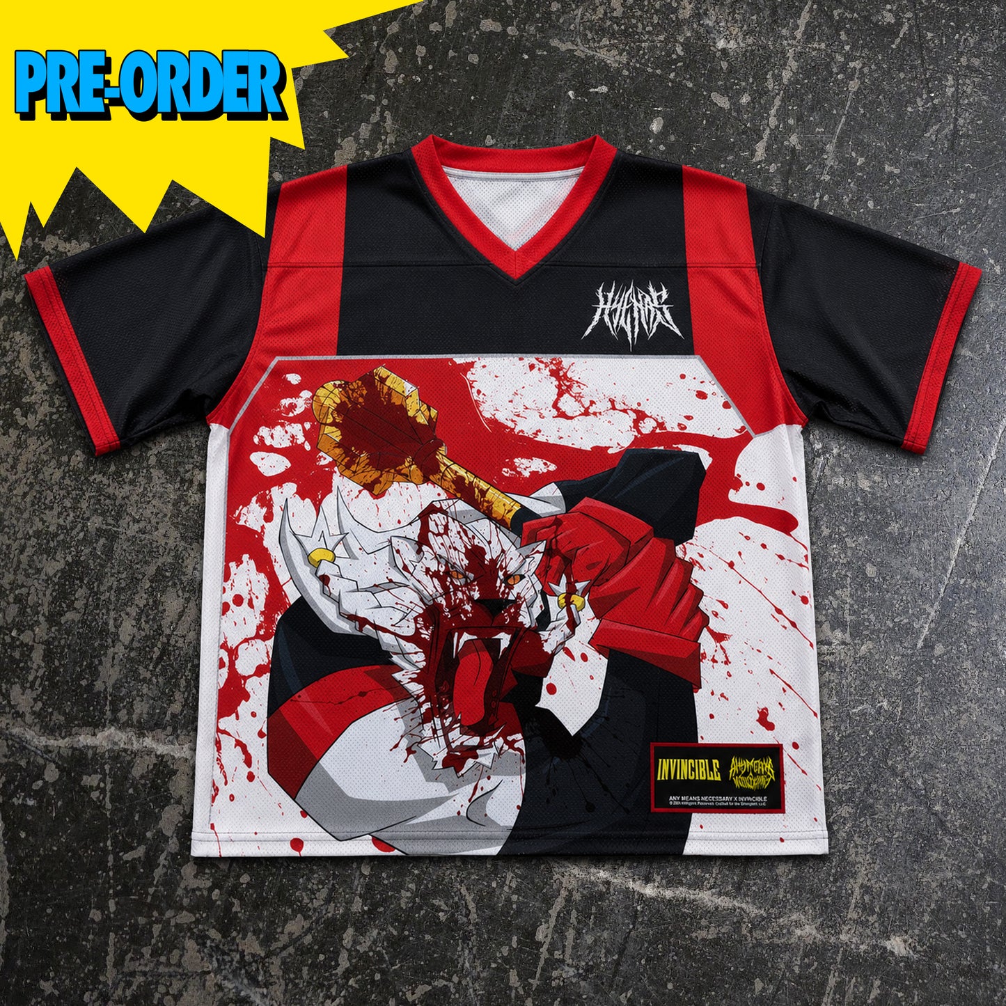 Jersey with graphic design on a textured surface, featuring 'Pre-Order' text at the top.