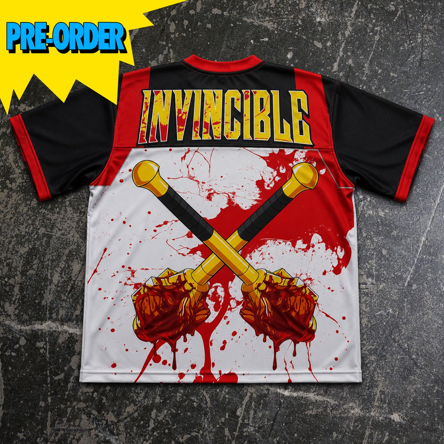 Jersey with 'Invincible' text and crossed axes design on a textured background