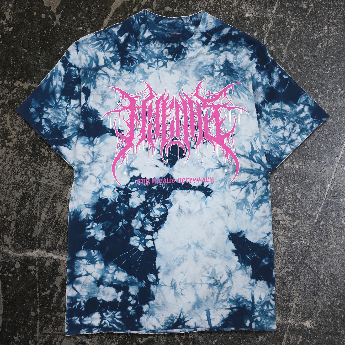 Tie-dye t-shirt with pink text on a textured surface
any means necessary shawn coss delirium t shirt tie dye navy