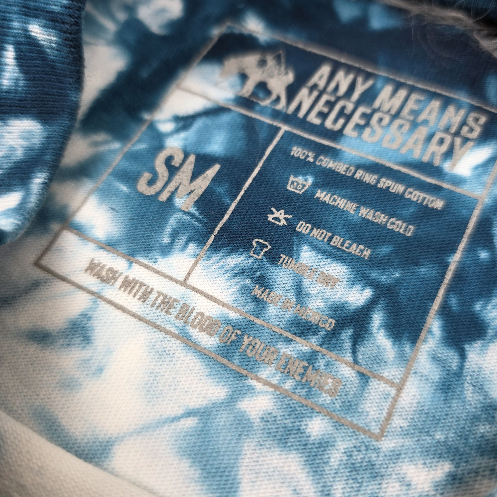 
                      
                        any means necessary shawn coss delirium t shirt tie dye navy inside tag
                      
                    