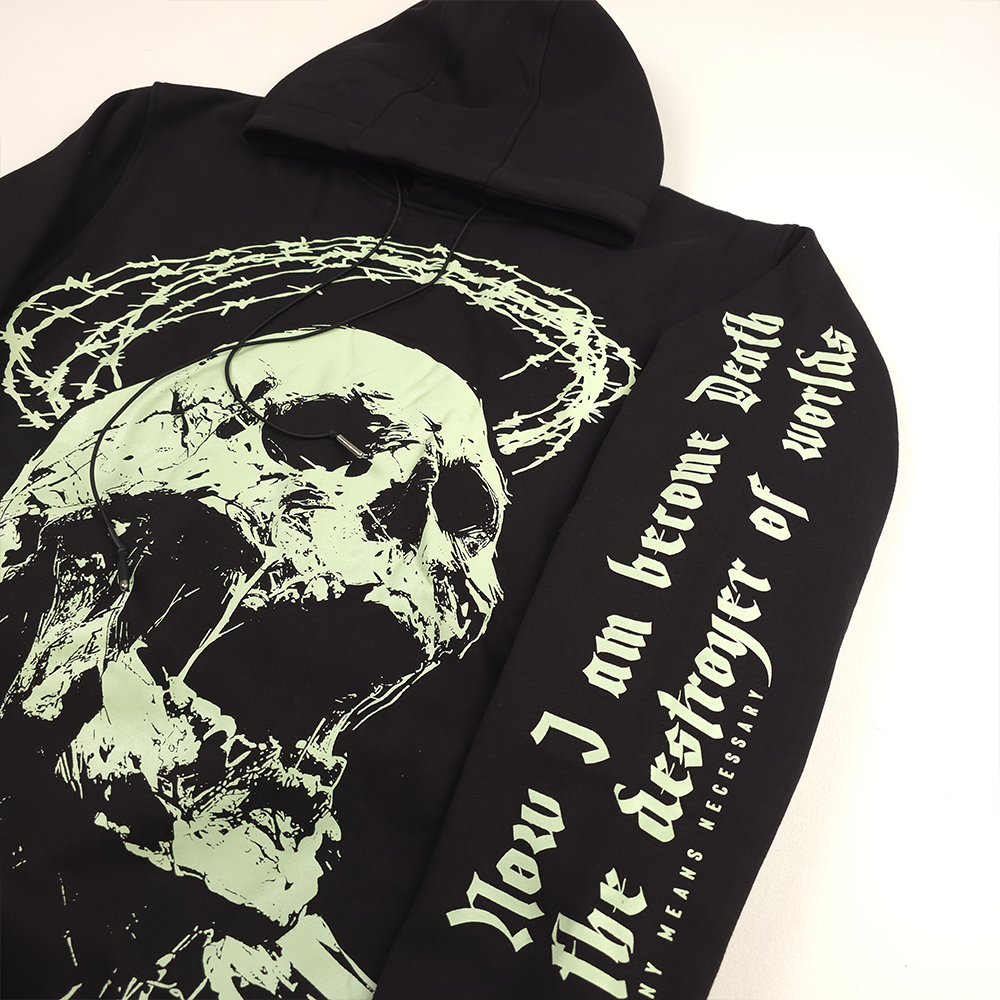 any means necessary shawn coss destroyer of worlds Oppenheimer pullover hoodie black up close sleeve