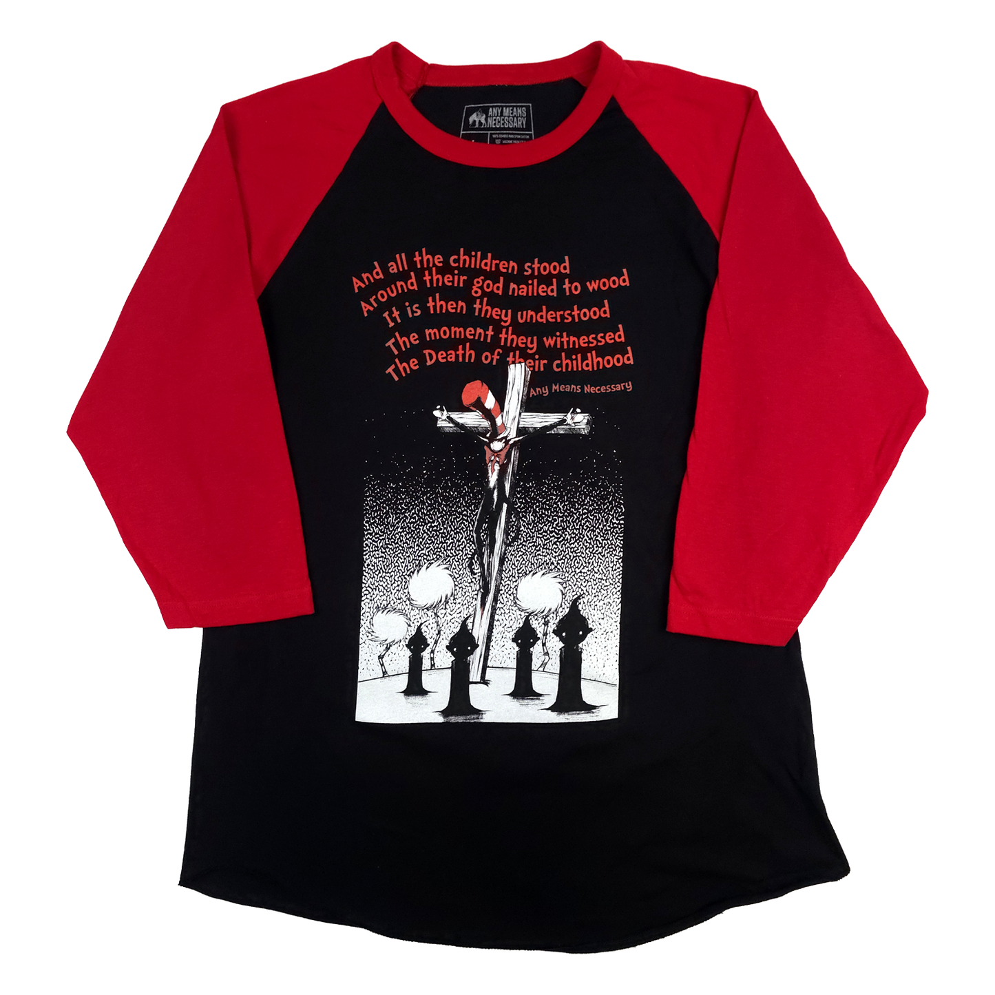 any means necessary shawn coss story time terrors death of childhood dr  seuss 3 quarter sleeve 3/4 red black t shirt raglan