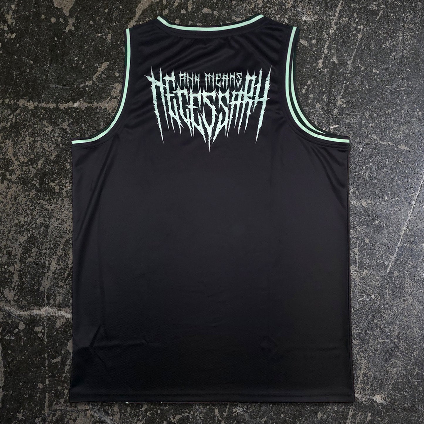 Black tank top with white text on a textured black background any means necessary shawn coss destroyer of worlds basketball jersey back