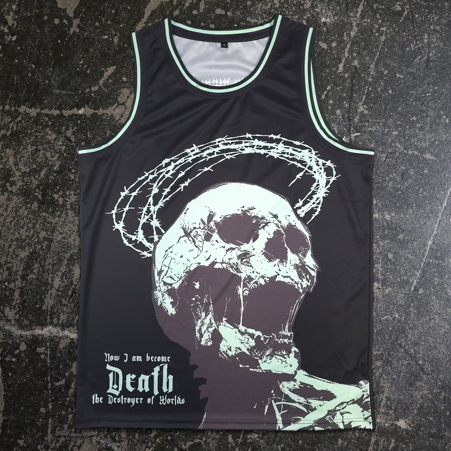 Black tank top with skull and barbed wire design on a textured surface any means necessary shawn coss destroyer of worlds basketball jersey front