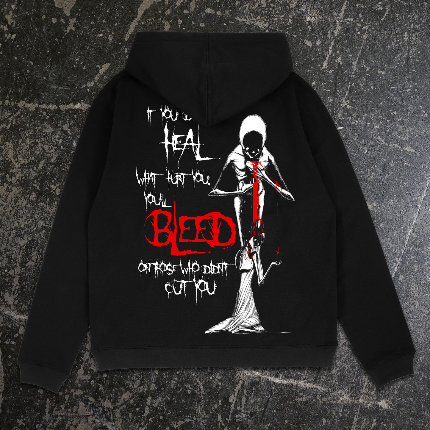 any means necessary don't heal art by shawn coss, bleed in red letters, black white and red ink on black hoodie