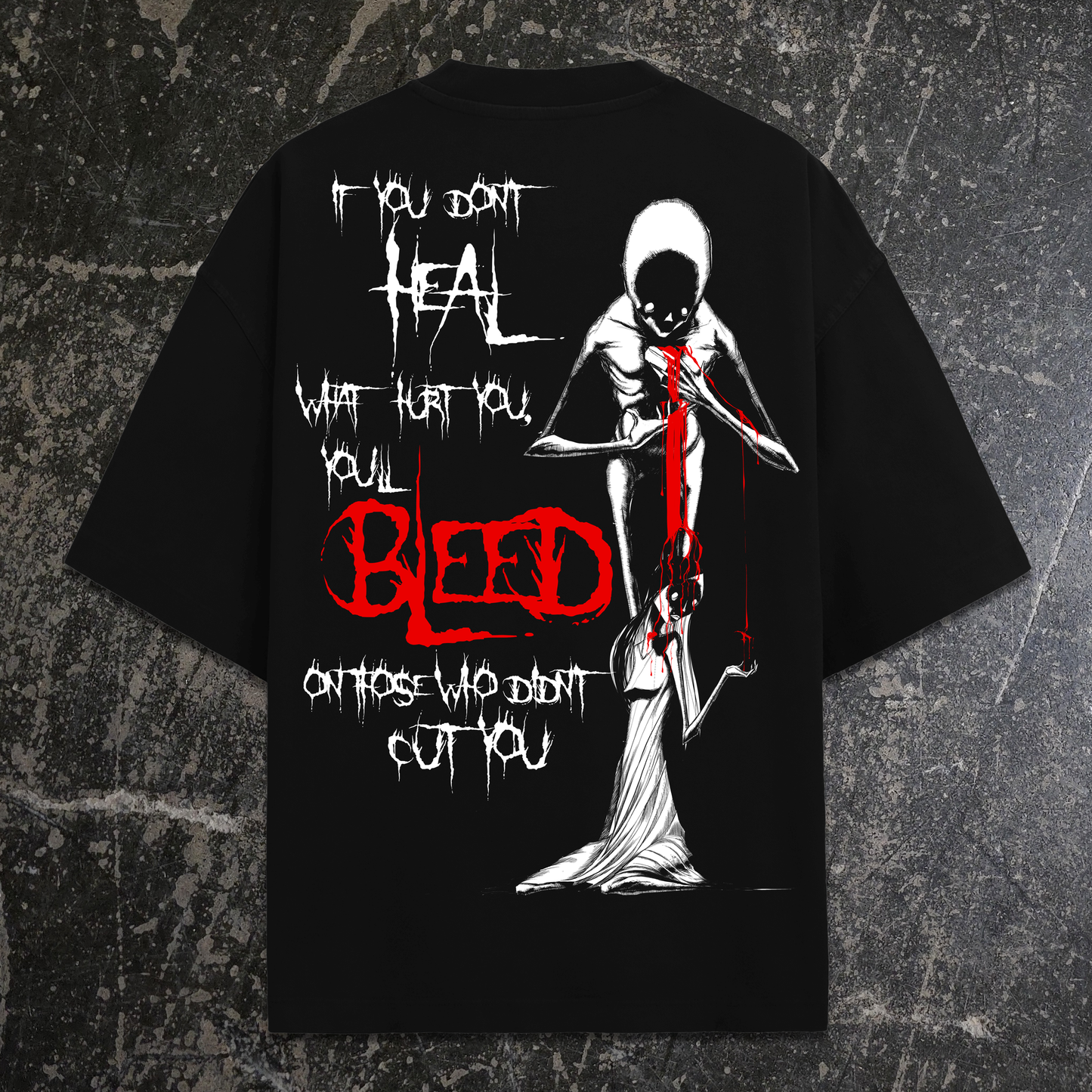 Black t-shirt with graphic design and text on a textured gray background, any means necessary don't heal bleed shawn coss