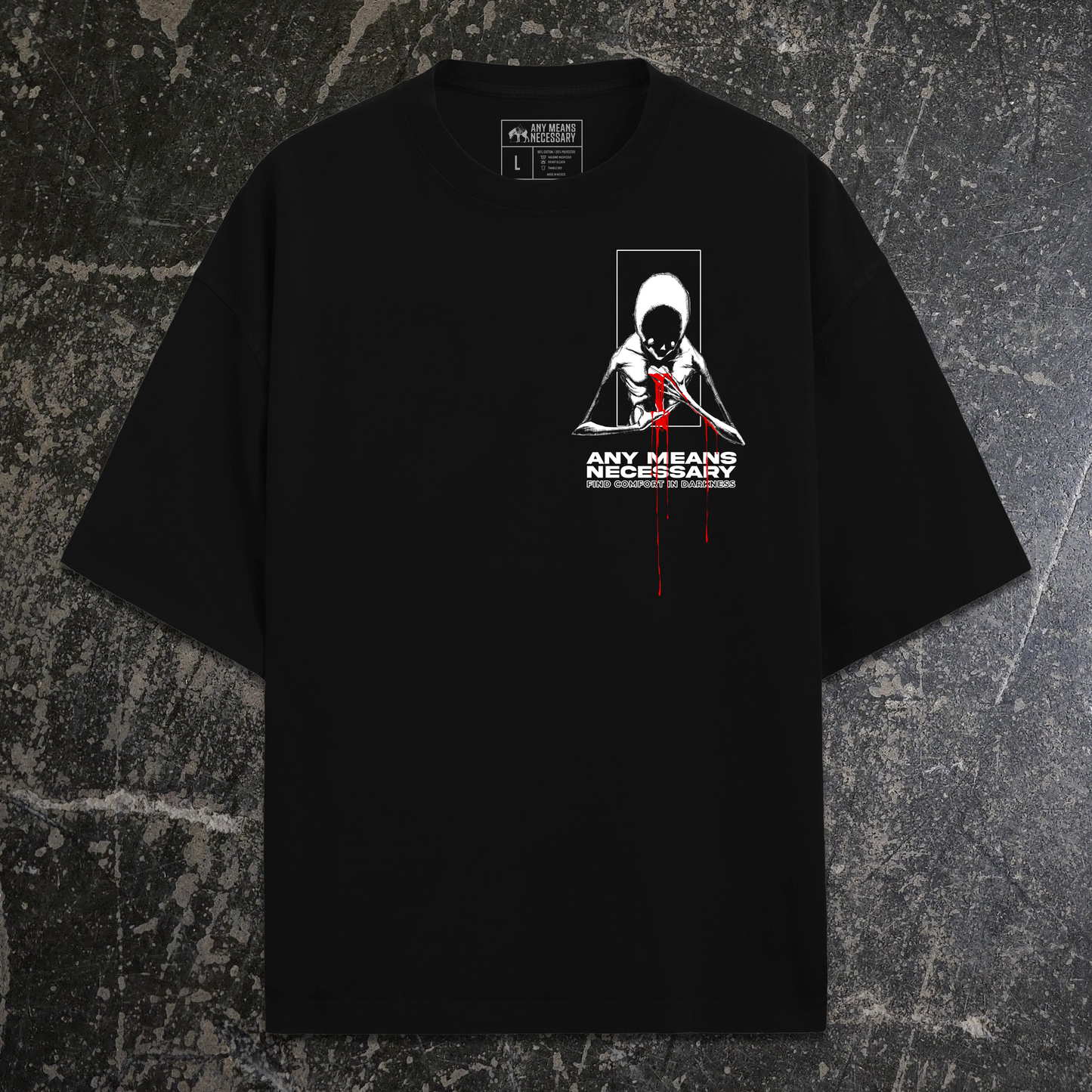 Black t-shirt with graphic design and text on a textured gray background