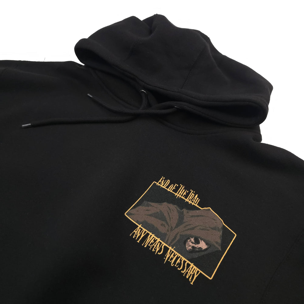 
                      
                        any means necessary shawn coss end of the trail pullover hoodie black front close up
                      
                    