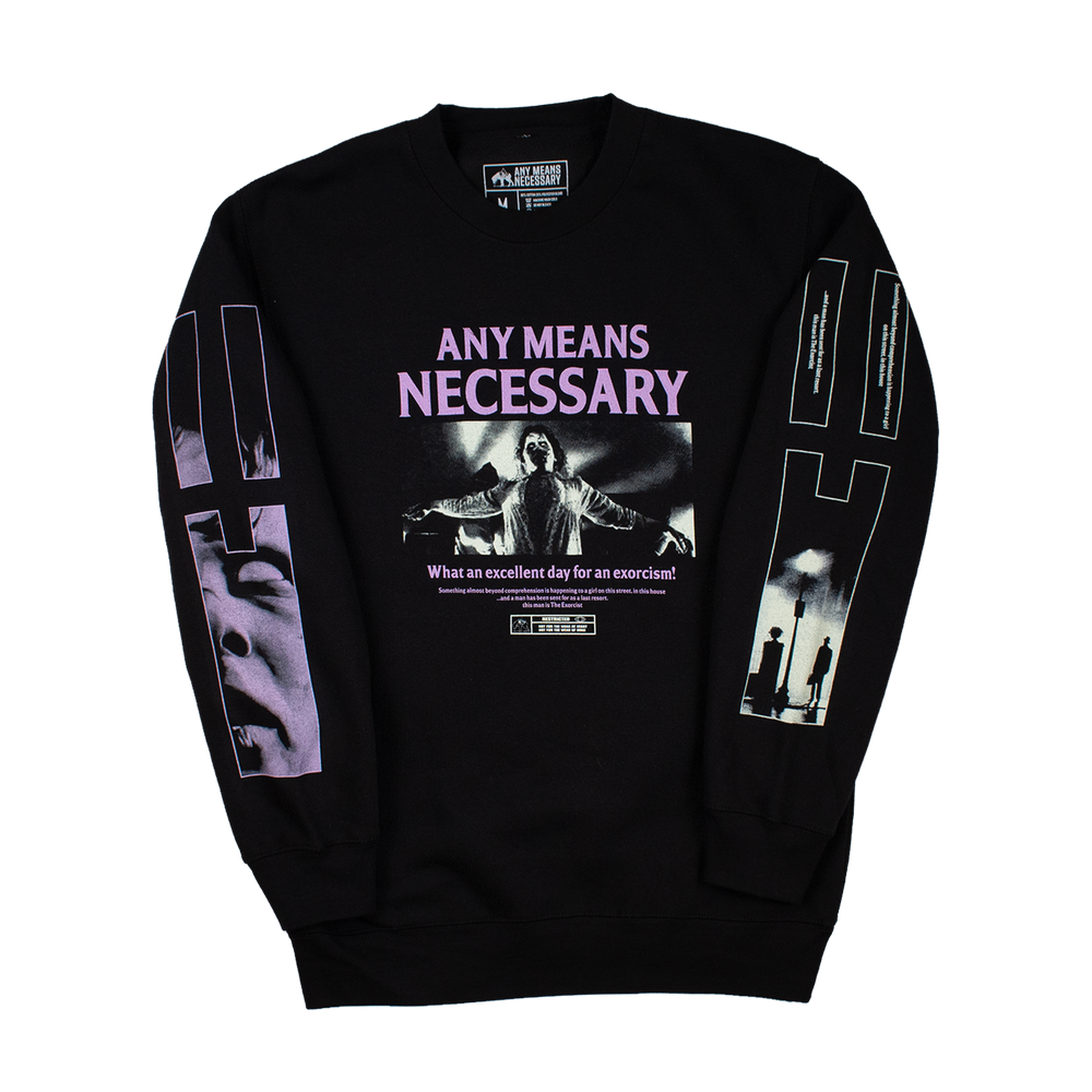 
                      
                        any means necessary shawn coss exorcist crewneck sweatshirt black front
                      
                    