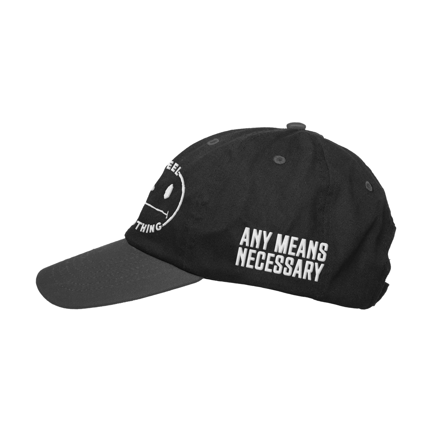 
                  
                    any means necessary shawn coss feel nothing strapback dad hat black side
                  
                