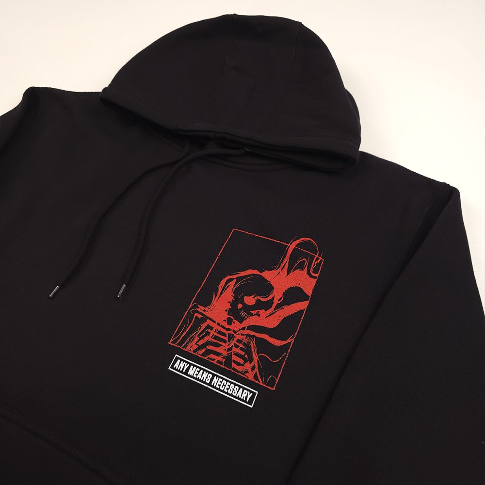 
                      
                        any means necessary shawn coss felt so much pullover hoodie black front up close
                      
                    