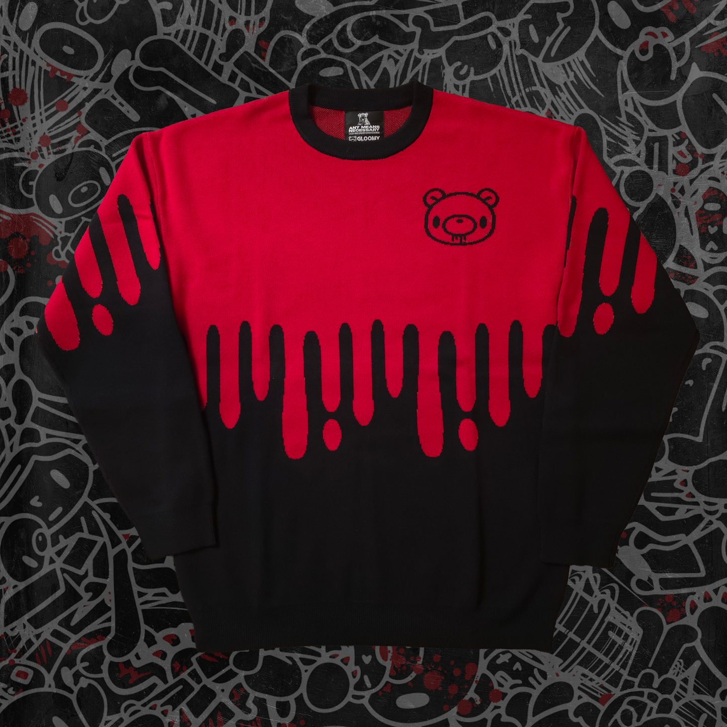 Gloomy Bear officially licensed knit sweater with red dripping ink