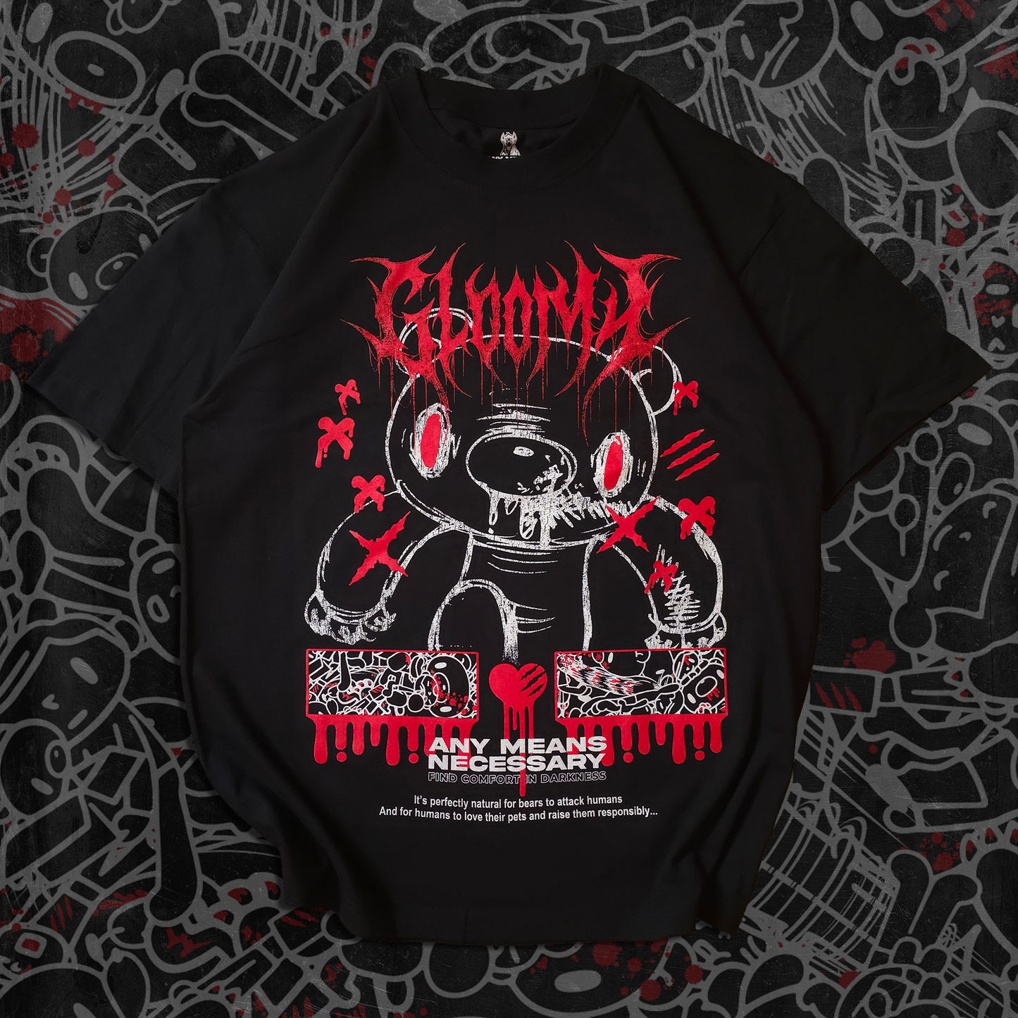 Gloomy Bear black tshirt with red and white ink, any means necessary, big graphic tee