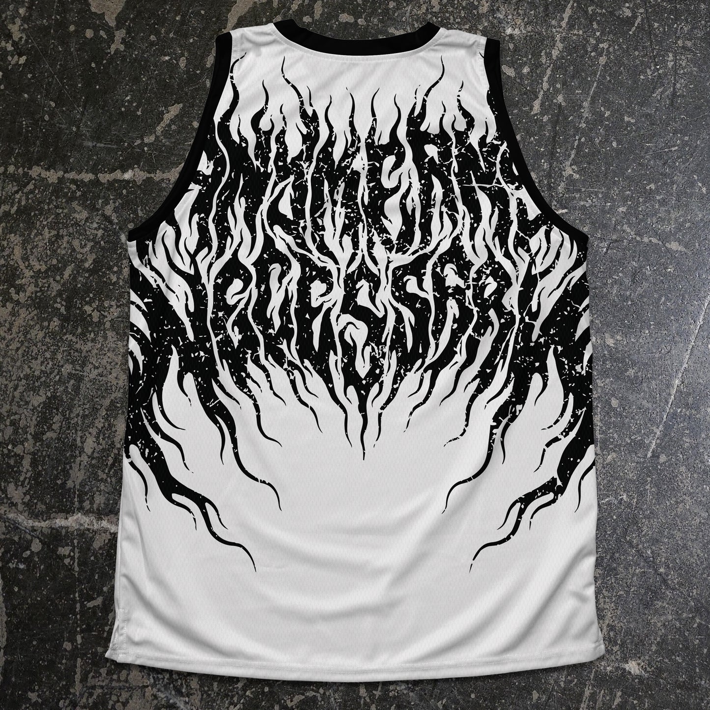 White tank top with black flame design on a textured dark background any means necessary shawn coss halo basketball jersey back