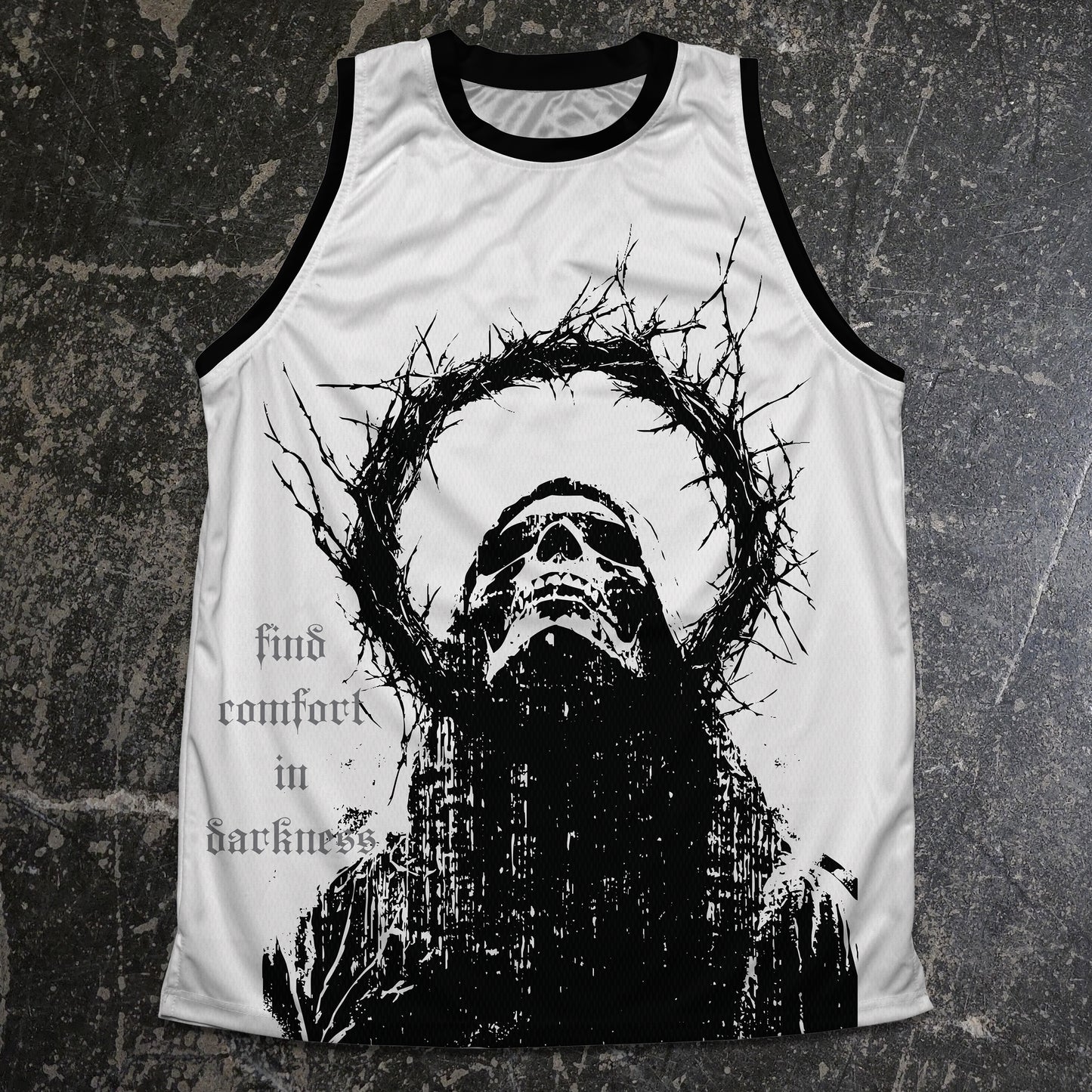 Tank top with a black and white graphic design on a textured gray background any means necessary shawn coss halo basketball jersey front