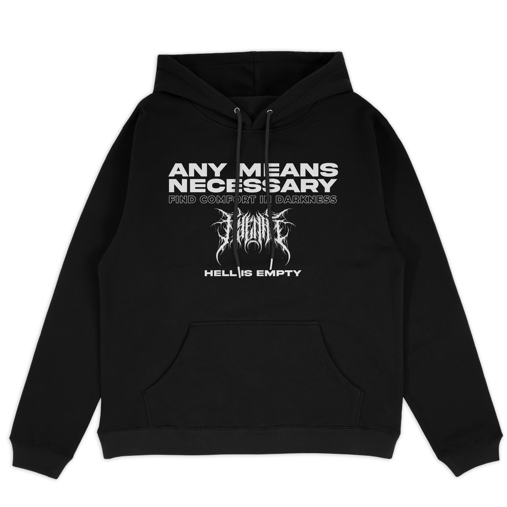 any means necessary shawn coss hell is empty pullover hoodie black front