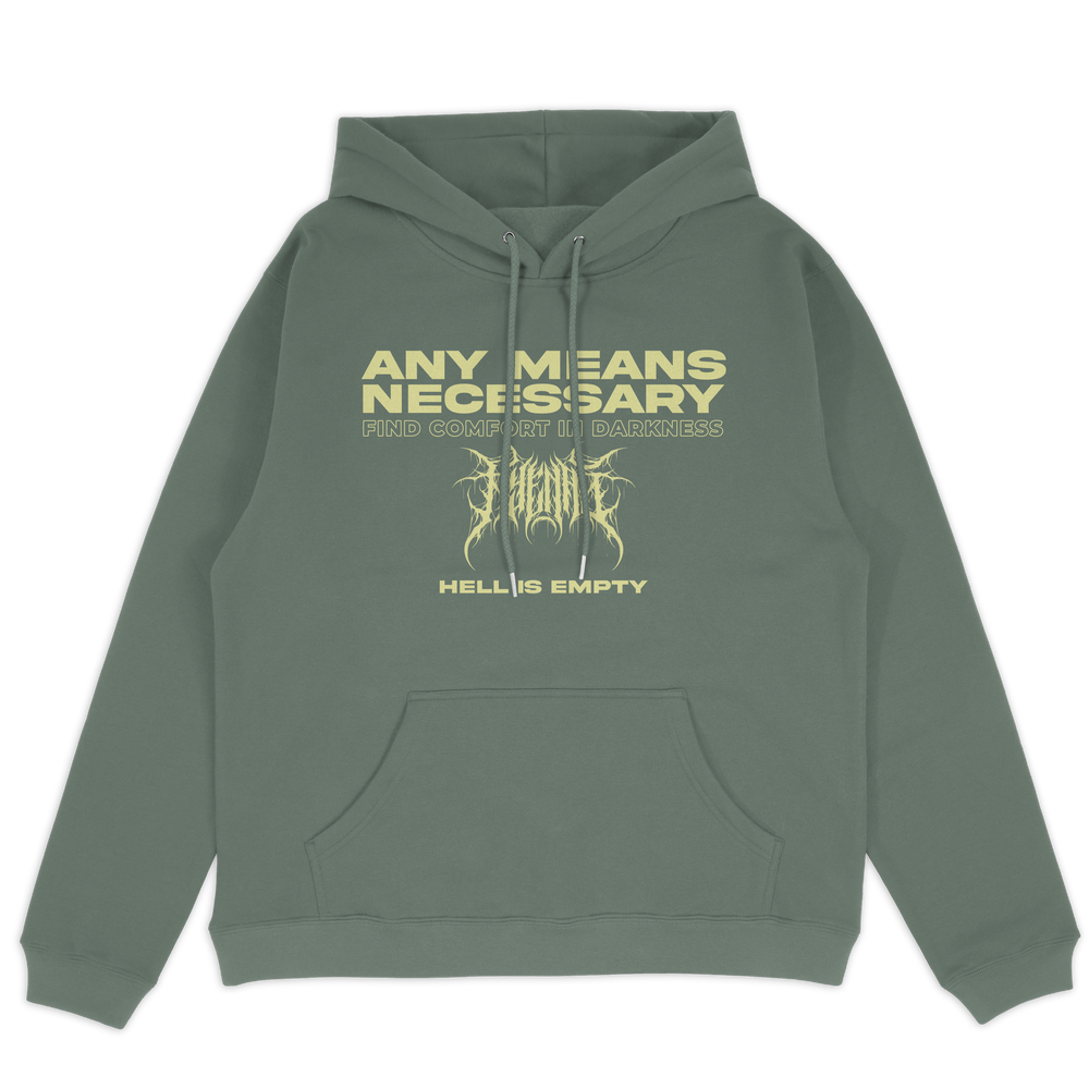 any means necessary shawn coss hell is empty pullover hoodie sage front