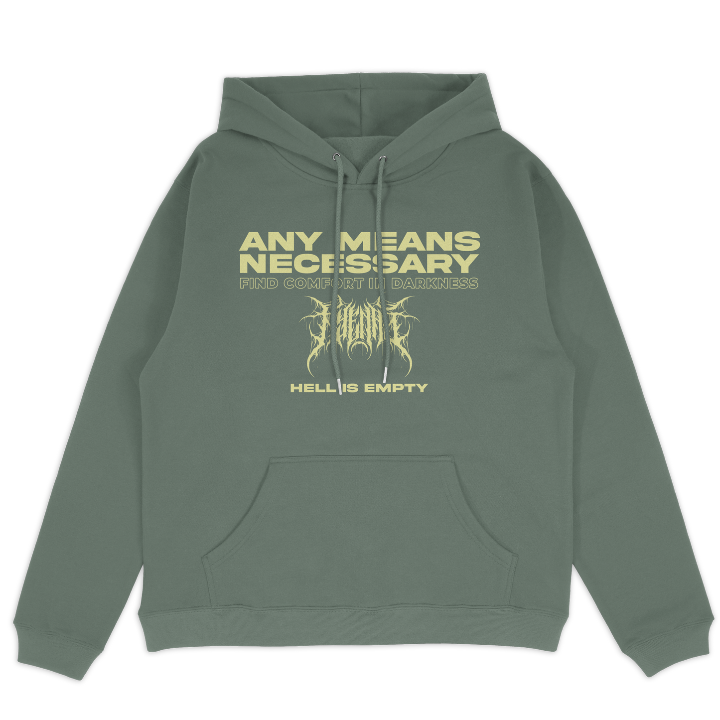 any means necessary shawn coss hell is empty pullover hoodie sage front